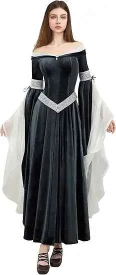 DAIZBELLA Women's Medieval Renaissance Costume Elf Style Off Shoulder Green Velvet Long Slim-fit Dress with Chiffon Sleeves
