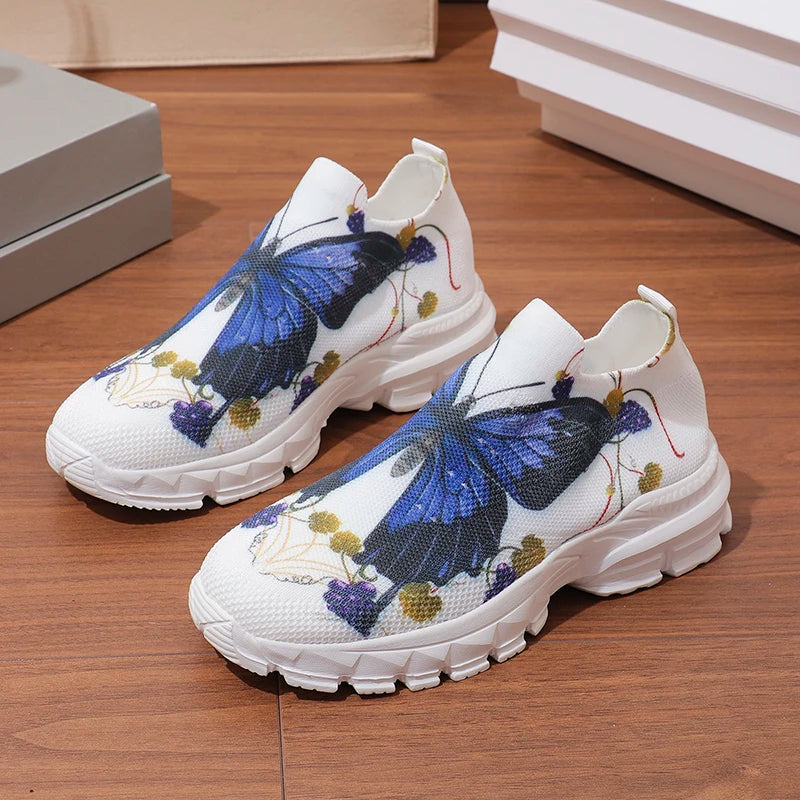 Fashion Butterfly Print Platform Sneakers for Women 2025 Autumn Non Slip Knitted Sports Shoes Woman Thick Sole Slip On Sneakers