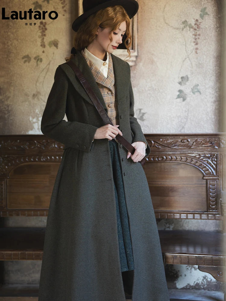 Lautaro Autumn Winter Long Warm Wool & Blends Coat for Women Shawl Collar Single Breasted Elegant Fit and Flare Woolen Overcoat