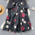 SINGREINY Senior Knitted Patchwork Dress Long Lantern Sleeves Bow Mesh Embroidery Floral Women Autumn France Elegant Party Dress