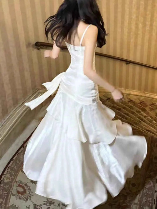 Women Summer New Elegant Ruffled Maxi Dress Light Luxury Bodycon Sling Fishtail Dresses Vintage Party Gown Prom and Events