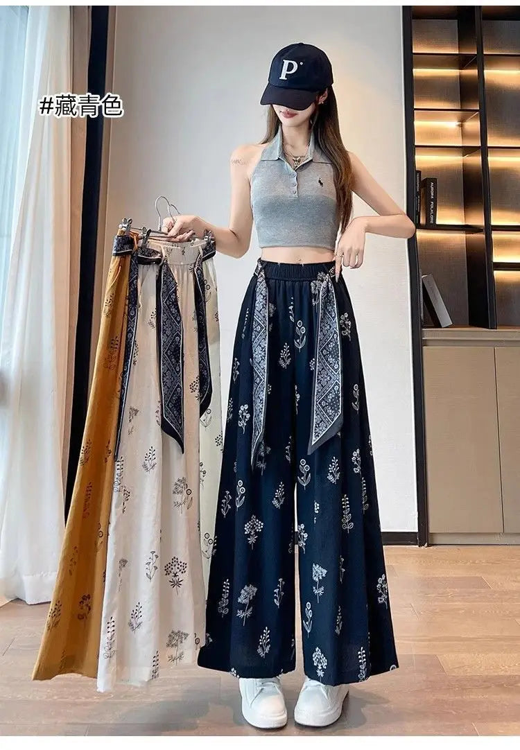 Women's Floral Print Wide Leg Pants - High Waist Casual Trousers