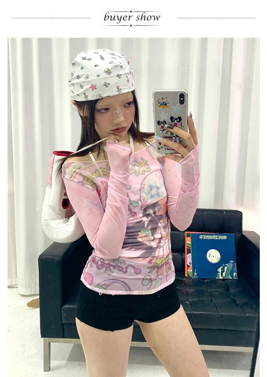 Karrram Japanese Y2k Anime Print Mesh Tops 2000s Aesthetics Pink Sheer Top Vintage Harajuku Kawaii See Through T-shirt Lolita SS69