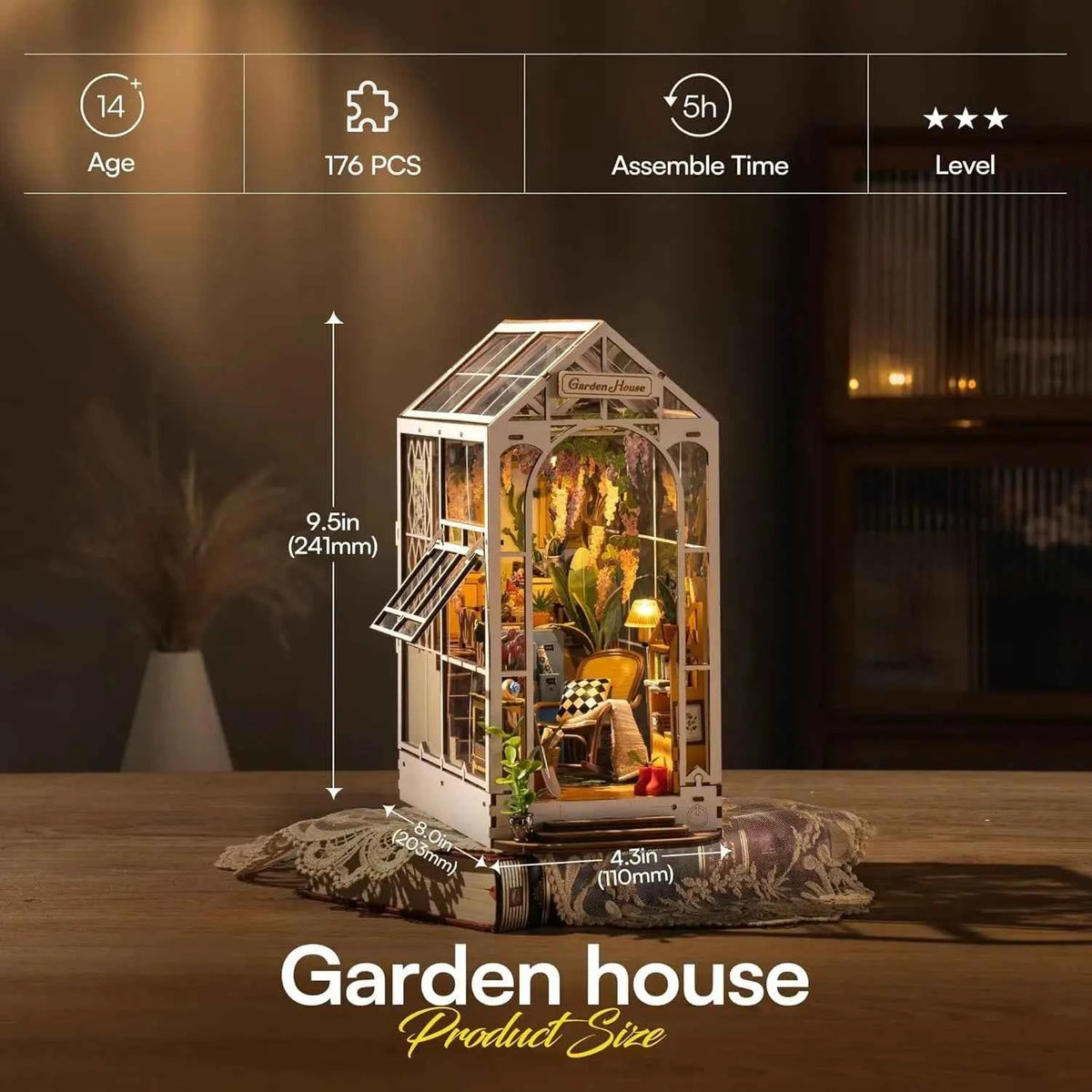 Robotime Garden Shed DIY Book Nook Kit with Furniture and LED Lamp 3D Puzzle Booknook Miniature House Model Kit for Adults