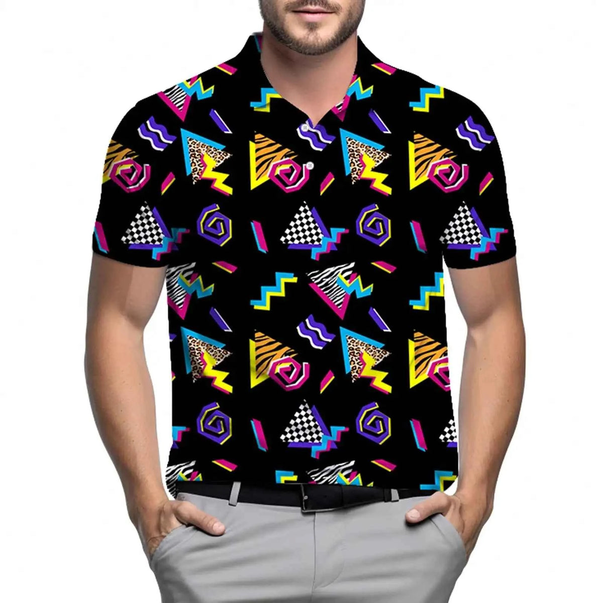 Men's Retro 80s Graphic Print Polo Shirt - Short Sleeve, Breathable Performance Fabric
