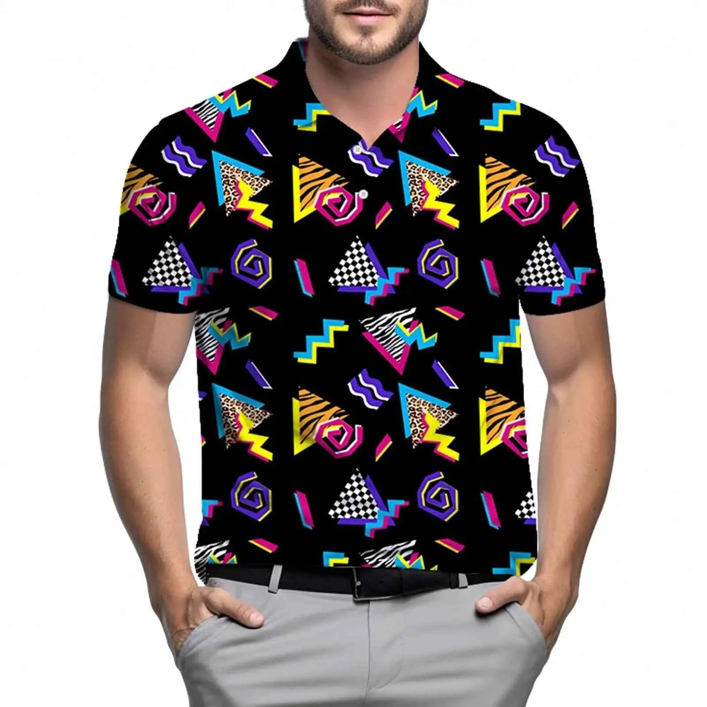 Men's Retro 80s Graphic Print Polo Shirt - Short Sleeve, Breathable Performance Fabric