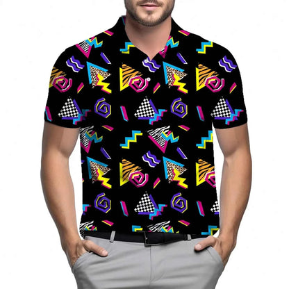 Men's Retro 80s Graphic Print Polo Shirt - Short Sleeve, Breathable Performance Fabric