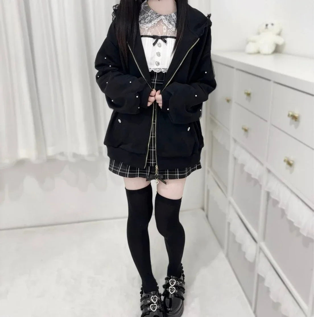 CHUJIECN Japanese Kawaii Bunny Ear Hoodie Women Lace Zipper Jacket