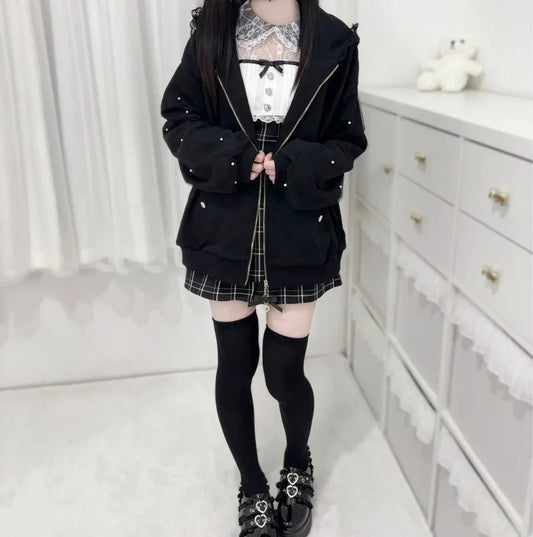 CHUJIECN Japanese Kawaii Bunny Ear Hoodie Women Lace Zipper Jacket