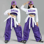 Children Street Dance Outfits Kids Streetwear Group Jazz Clothes Sets Hip Hop Girls Fashion K-pop Crop Top Purple Cargo Pants