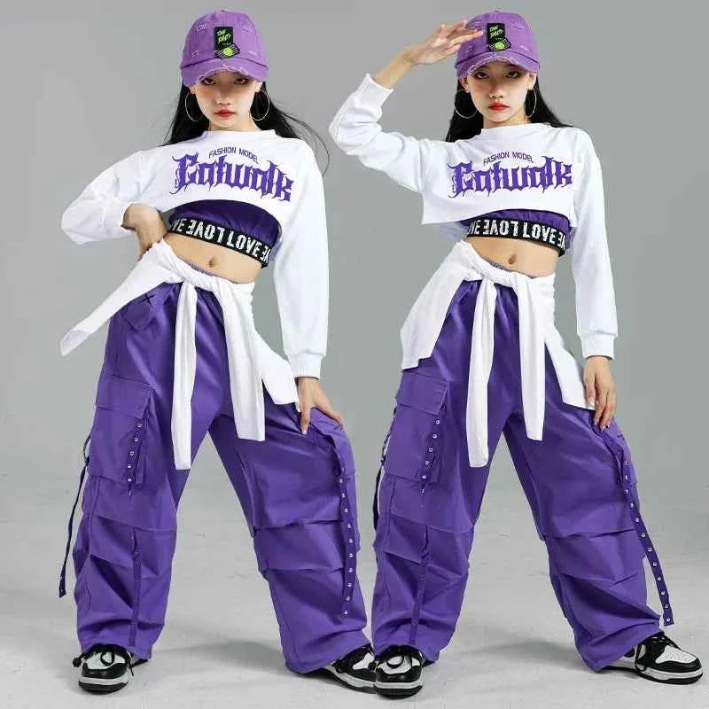 Children Street Dance Outfits Kids Streetwear Group Jazz Clothes Sets Hip Hop Girls Fashion K-pop Crop Top Purple Cargo Pants
