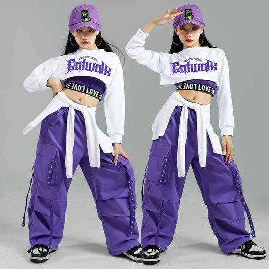 Children Street Dance Outfits Kids Streetwear Group Jazz Clothes Sets Hip Hop Girls Fashion K-pop Crop Top Purple Cargo Pants