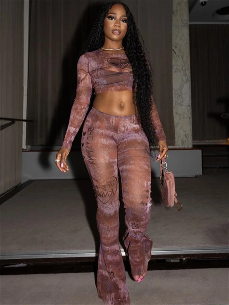 Weird Puss Fashion Print Sexy See Through 2 Piece Set Women o-Neck Full Sleeve Crop Tops+Straight Flared Pants Hottie Streetwear SS69