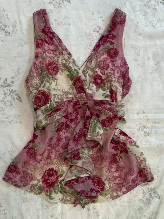 2025 Summer Woman Floral Halter Lace Blouse 2025 Vintage Sexy Slim Fit Fairy Korean Fashion Female Tops Outfits Elegant Style SS69 13.69 Red Camis / L