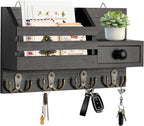 Wooden Wall Mount Key Holder with Mail Organizer & Drawer