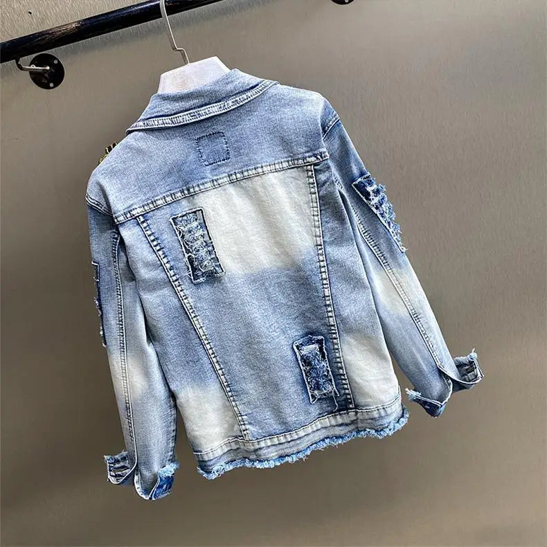 Retro Diamonds Embedding Floral Embroidery Denim Coat Spring Flowers Sequins Appliques Slim Jeans Jacket Cowboy Cardigan Jaqueta SS69