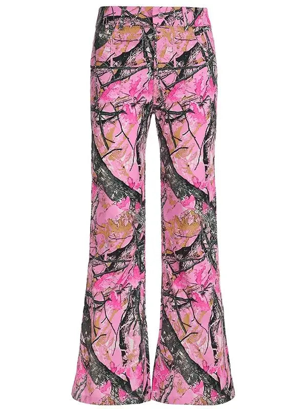 Rockmore Pink Thorn Camouflage Printed Flare Pant Casual High Street Trouser Women Y2k Clothes Autumn Aesthetic Grunge Fairycore SS69 31.69 Pink / L
