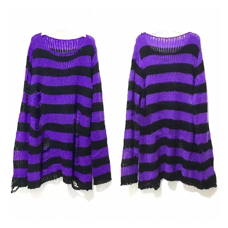 New Women's Punk Gothic Oversized Pullover Sweater Striped Hollow out Cool Harajuku Aesthetics Spring Autumn
