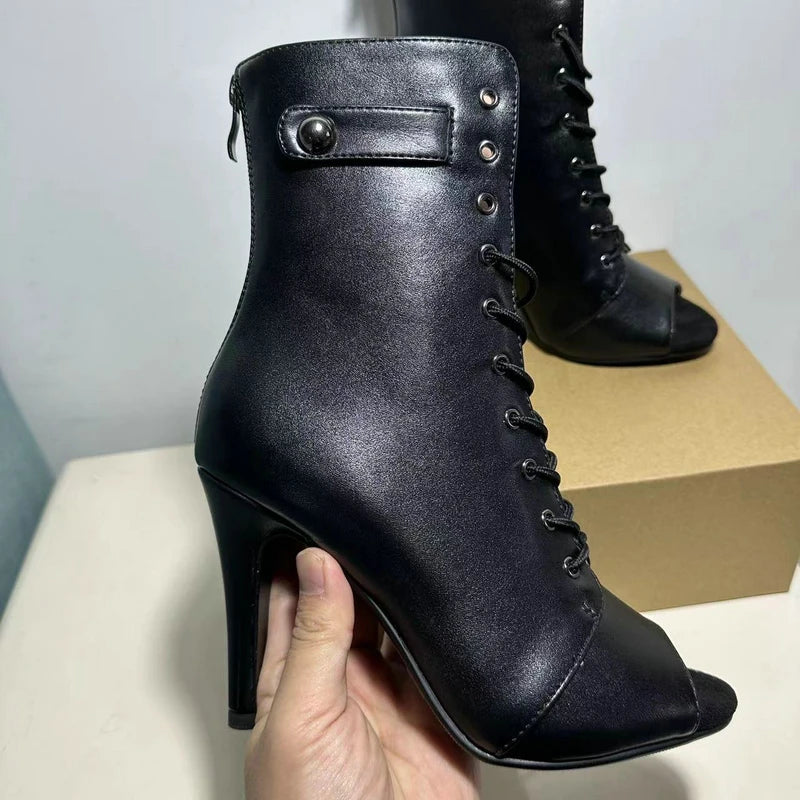 Women's Black Peep-Toe High Heel Stilettos Size 46 New Fashion Brand Party Boots for Ballroom Latin Jazz Dance Sexy Party Shoes SS69