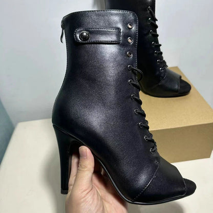 Women's Black Peep-Toe High Heel Stilettos Size 46 New Fashion Brand Party Boots for Ballroom Latin Jazz Dance Sexy Party Shoes SS69