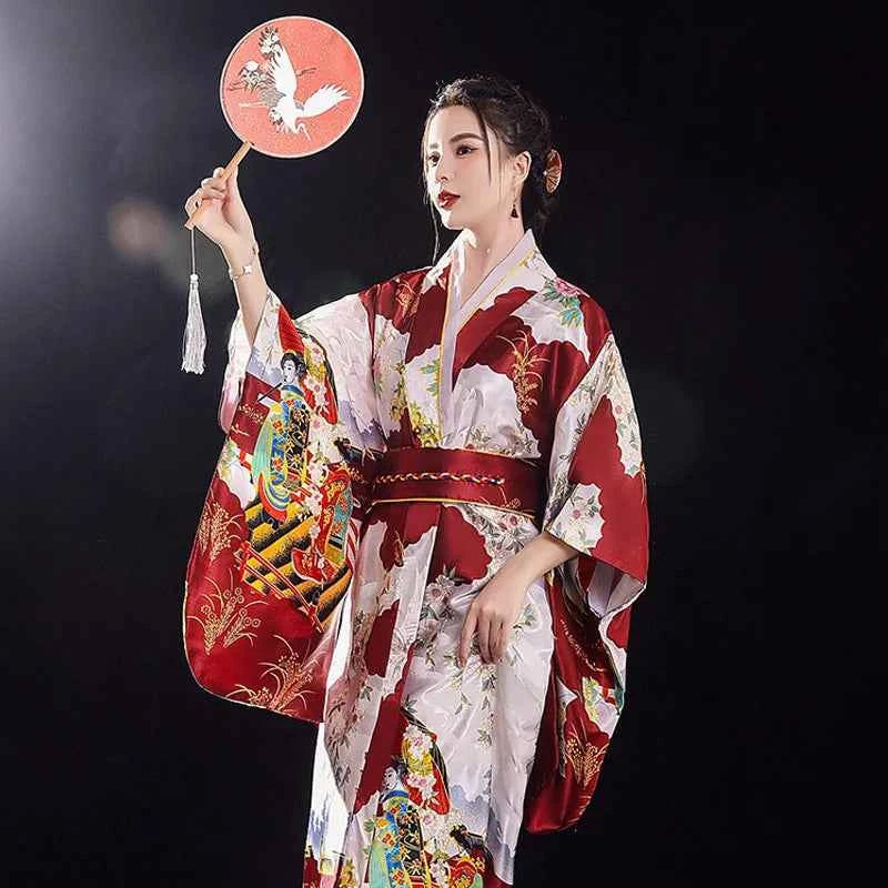 Women's Elegants Japanese Kimono Sexy Yukata with Obi Cosplay Costume National Novelty Evening Dress Printed Flower Geisha Gown