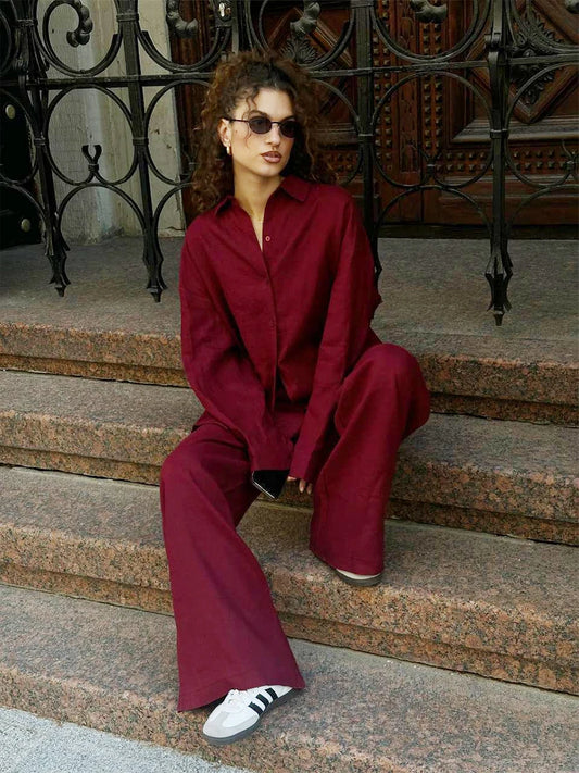 Bornladies Women's Cotton Casual Set Long Sleeve Shirt and Wide Leg Pants