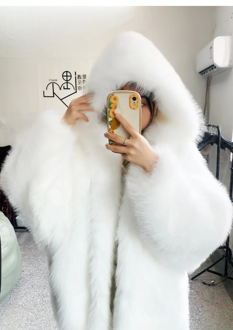 Nerazzurri Women's Faux Fur Coat with Hood - Warm & Fluffy
