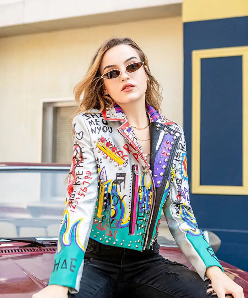 Womens Rivet Beading Pu Jacket Hit Color Streetstyle Graffiti Outerwear Letters Printed Leather Jackets Short Punk Street Coat SS69