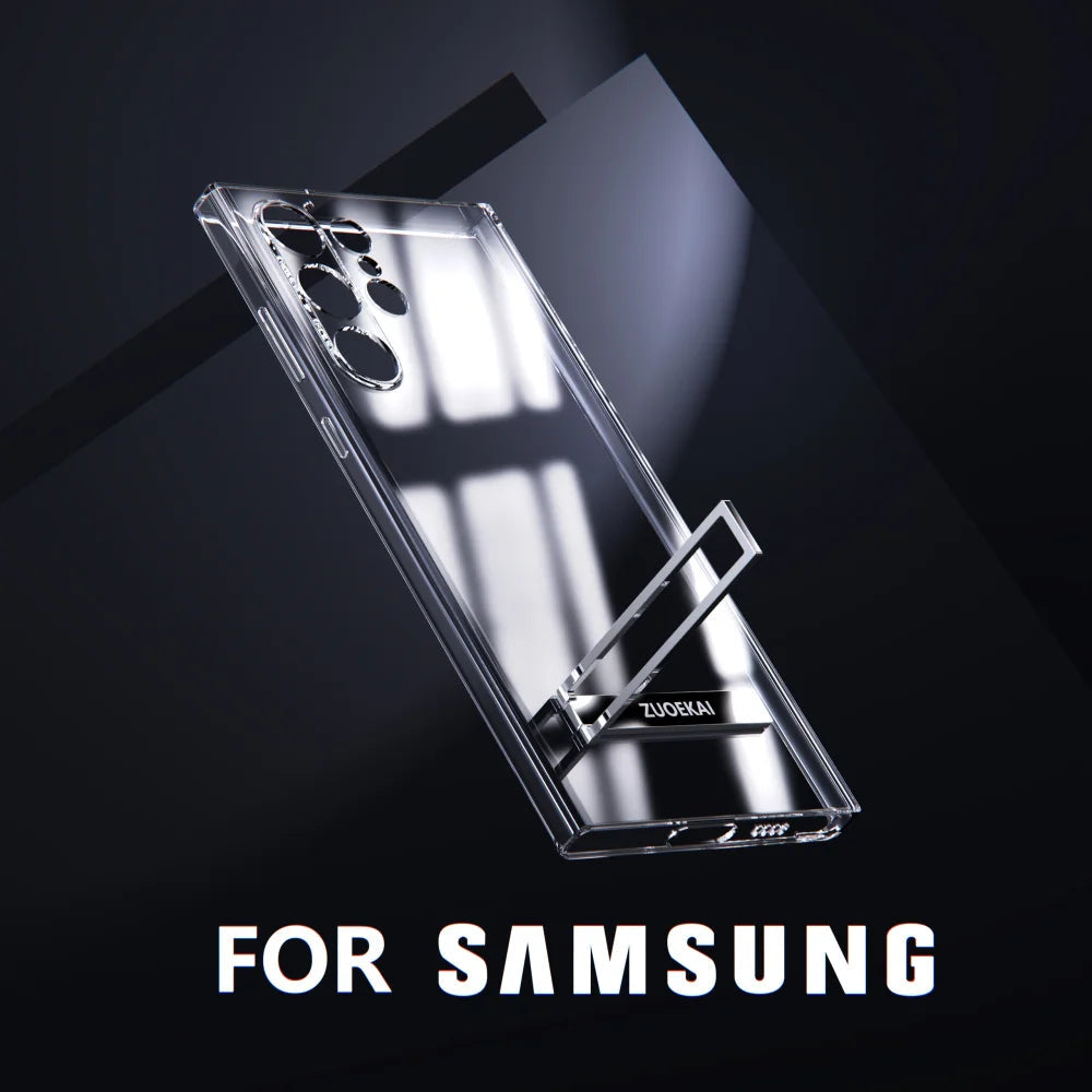 For Samsung Galaxy S25 S24 S23 S22 Ultra Transparent Kickstand Case with Bracket Standing Transverse Protective Clear Soft Cases SS69