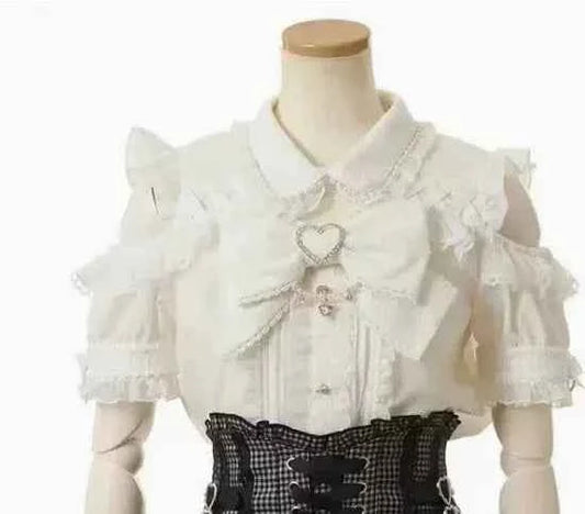 Japanese Liz New Spring Lace Edge Leather Ring High Waist Pleated Skirt Ribbon Bow Short Plaid Skirts Big Bow Lolita Blouses