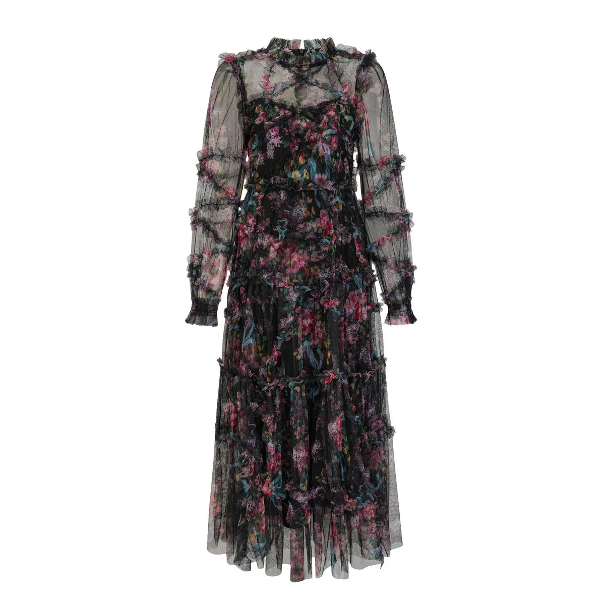 JAMERARY Fashion Floral Print Long Sleeve Maxi Dress For Women Summer Autumn Clothes Layers Ruffles Cake Dresses Evening SS69 88.69 Black / 3XL