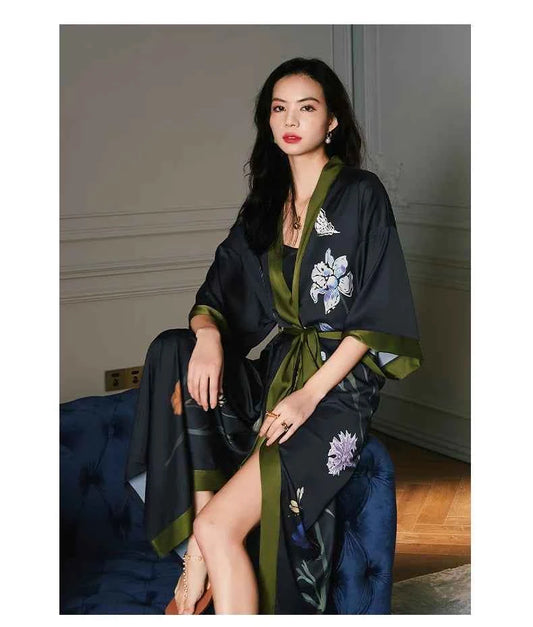 Black Print Flower Long Robe Nightgown Spring Summer Half Sleeve Kimono Bathrobe Gown Women Sexy Rayon Home Dress Loungewear