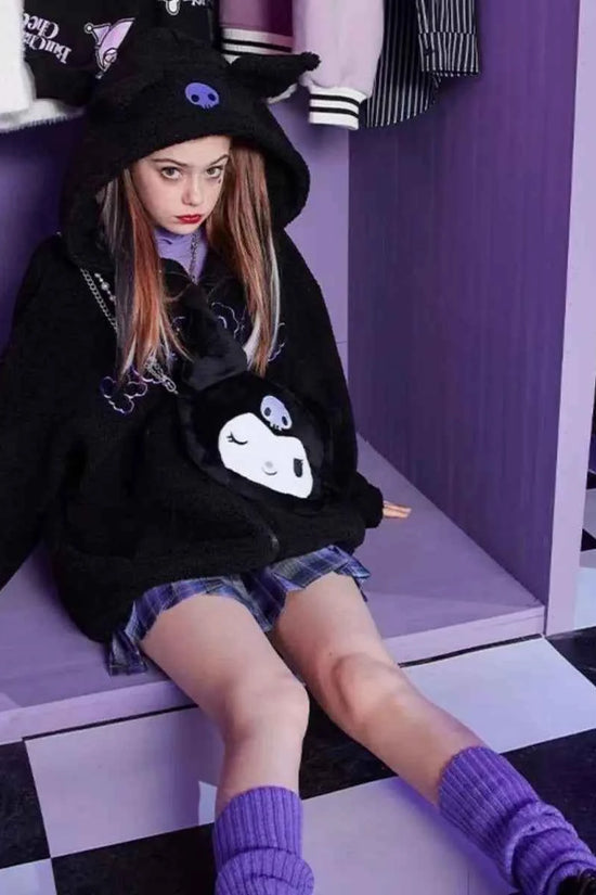 Sanrio New Hoodie Hooded Kuromi Cute Thicken Coat Fleece-Lined Embroidery Women's Loose Plus Size Hoodie Autumn and Winter Ins