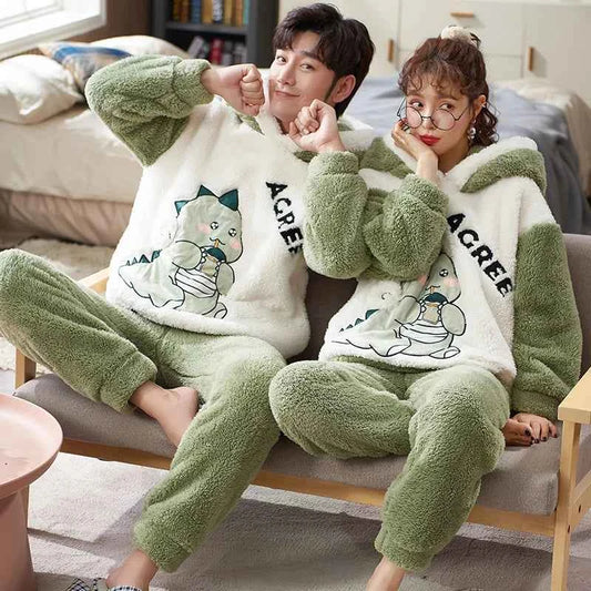 Adult Winter Thicken Sleepwear Pajamas Set Women Coral Fleece Pyjama Cartoon Deer Panda Hooded Homewear Loungewear Pijamas Suit