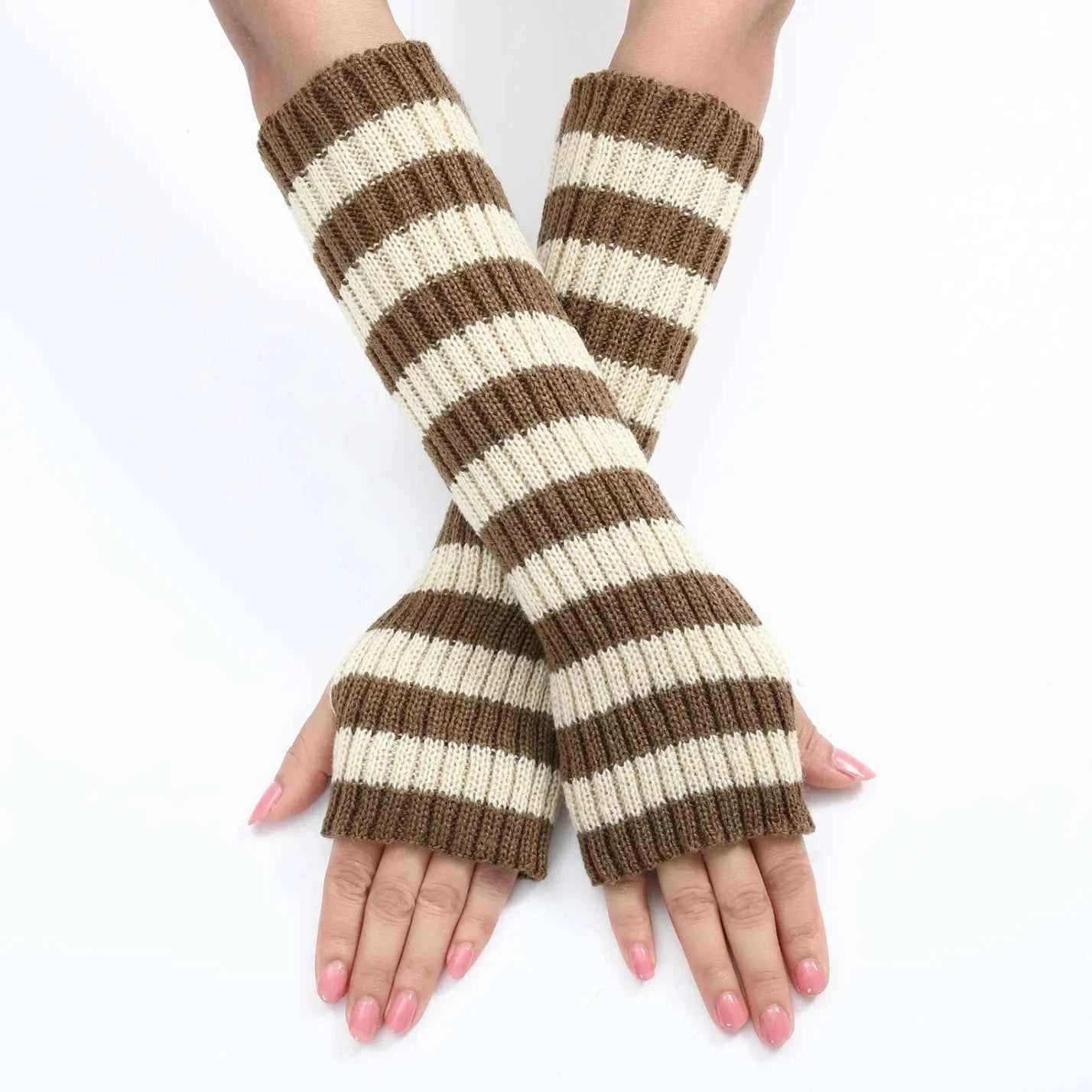 Gothic Striped Knitted Fingerless Arm Sleeves Black White Striped Winter Long Arm Warmers Girls Harajuku Y2K Wrist Gloves