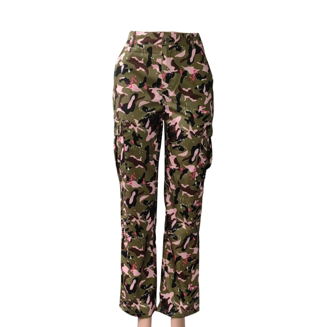 FAGADOER Pink Camouflage Print Pants Women Y2K Streetwear Button Pocket patchwork Straight Pants Hot girl Bottoms 2025 SS69