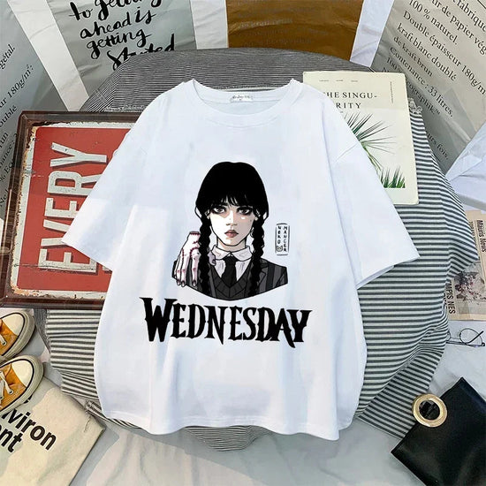 Wednesday Addams Women Casual T-shirt Summer Adult Cartoon Printed Tee Tops Girls Round Neck Clothing Short Sleeve Fashion Gifts SS69