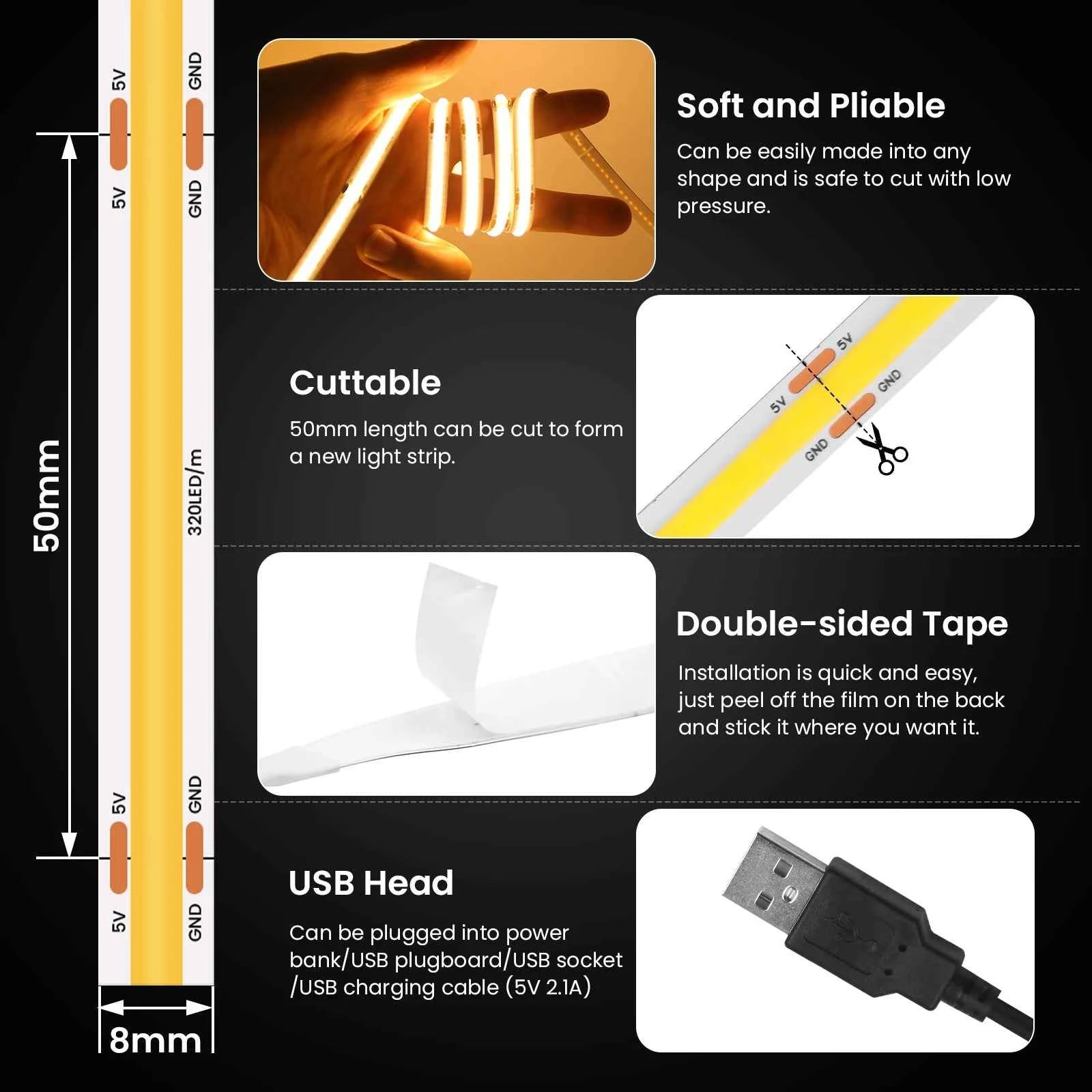 DC 5V USB COB Strip 3MM 5MM 8MM White/Pink/Red/White/Yellow/Yellow/Ice Blue/Green Flexible Ribbon Rope Home Decor TV Backlight
