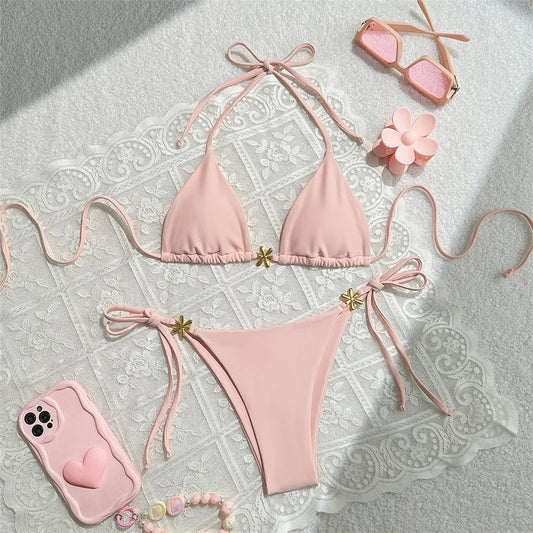 S - XL Metal Flower Halter Strappy Bikini Female Swimsuit Women Swimwear Two-pieces Bikini set Bather Bathing Suit Swim V6504 SS69