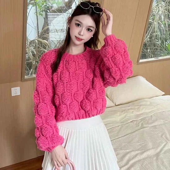 Chunky Crop Knit Sweater Women Niche Design Crew-neck Jumper 2025 Fall Winter Knitwear