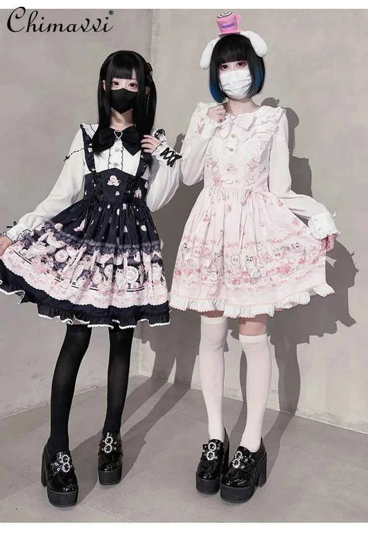 Original New Spring Summer Cute Print Short-sleeved Lolita OP Dress Japanese Sweet Girl Mass-produced Kawaii Bow Short Dresses