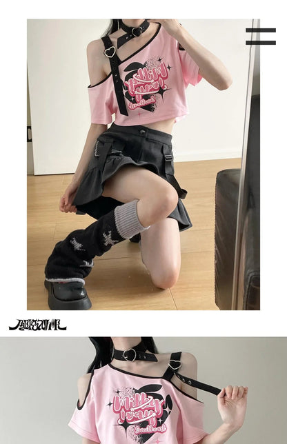 Black Pink Y2K Clothing Set Hot Girls Strapless Strap Short Sleeve T-shirt Slimming Jeans Long Pants Female 4 Piece Set Outfits SS69