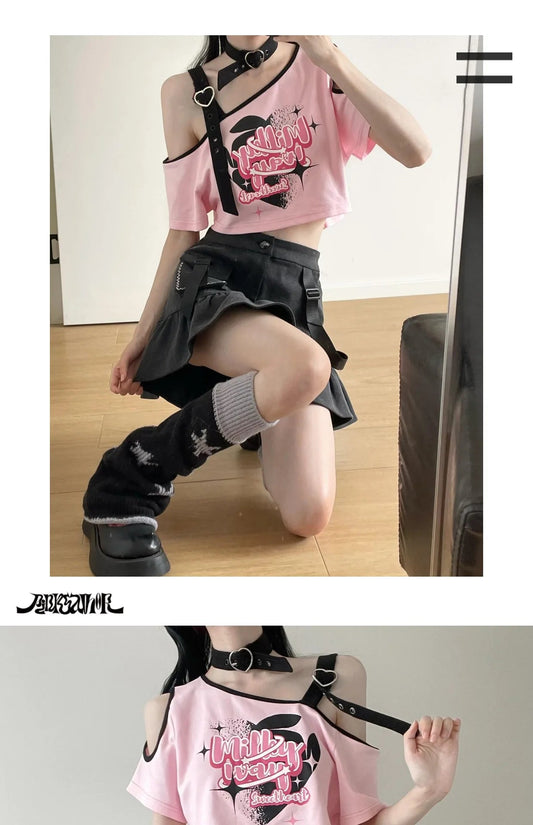 Black Pink Y2K Clothing Set Hot Girls Strapless Strap Short Sleeve T-shirt Slimming Jeans Long Pants Female 4 Piece Set Outfits SS69