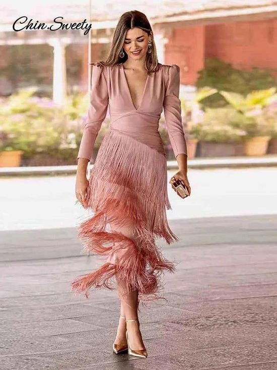 Women Stacked Tassel Maxi Dress Elegant Deep V Neck Full Sleeve Slim Fit Long Gowns Lady New Evening Party Fashion Robes 2025