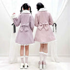 Japanese Sweet Winter Woolen Coat Lolita Style Cute Big Bow Fungus Edge Long Sleeve Slim Kawaii Girls Women Elegant Overcoat