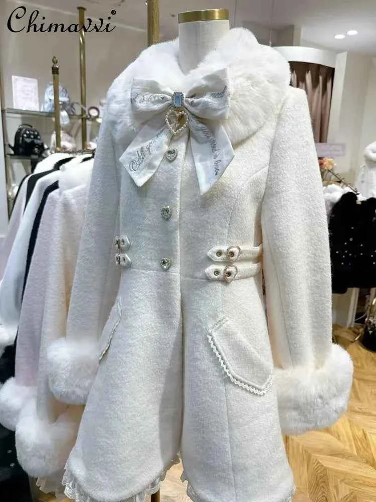 Japanese Sweet Bow Slim Medium Long Woolen Coat Winter New Faux Fur Collar Lolita Girl Women's Pink White Wool Jacket Overcoat
