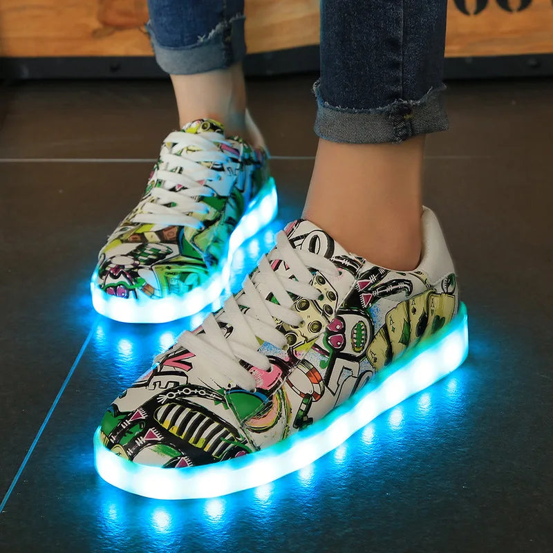 Comemore 2022 Adult Unisex Womens Mens Kid Luminous Sneakers Glowing USB Charge Boys LED Colorful Light-up Shoes Girls Footwear SS69 33.69 green-2 / 39