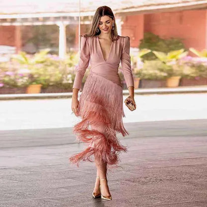 Women Stacked Tassel Maxi Dress Elegant Deep V Neck Full Sleeve Slim Fit Long Gowns Lady New Evening Party Fashion Robes 2025