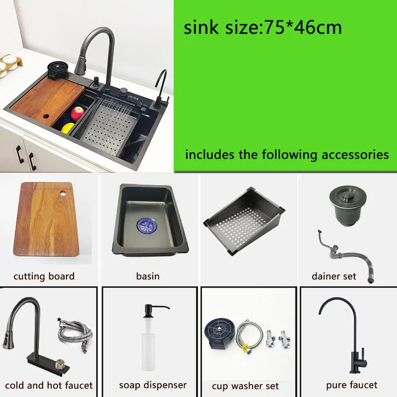 CKWS 304 Stainless Steel Waterfall Kitchen Sink with LED Display