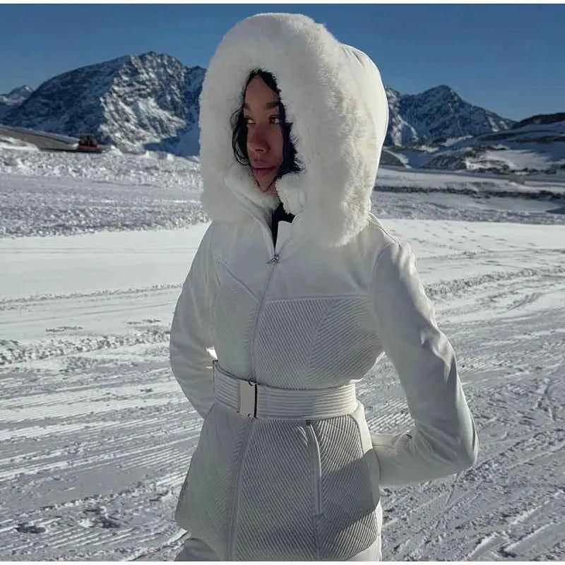 Fashion Solid Warm Ski Suit Women's Hood Fur Trim Full Sleeves Belt Coats High Waist Pants 2025 Winter Lady Windproof Tracksuit